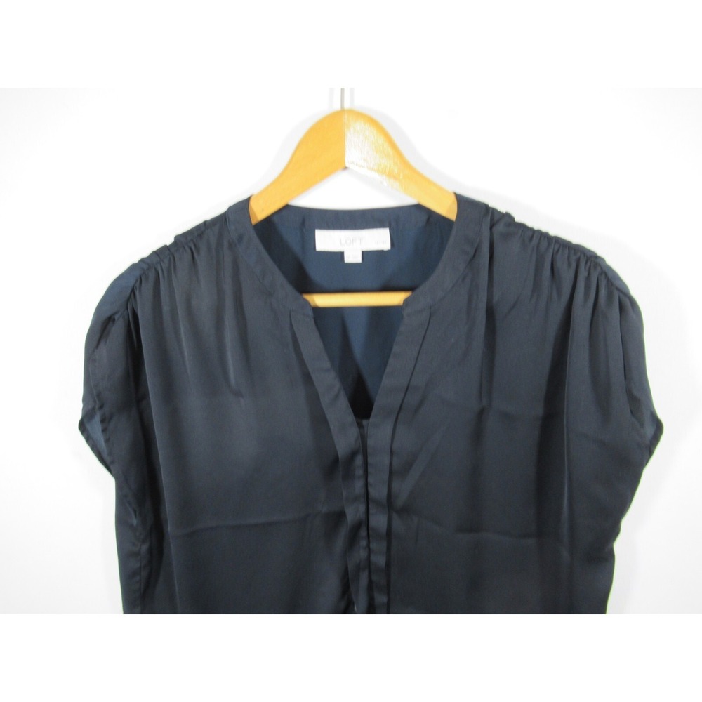 LOFT Satin Cap Sleeve Blouse Petite Women PM Navy Blue V-neck - Picture 2 of 5
